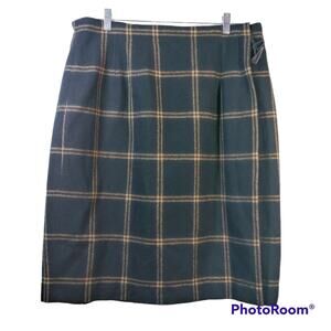 Halston Lifestyle Black Brown Windowpane Wool Toggle Closure Wrap Skirt Size 18